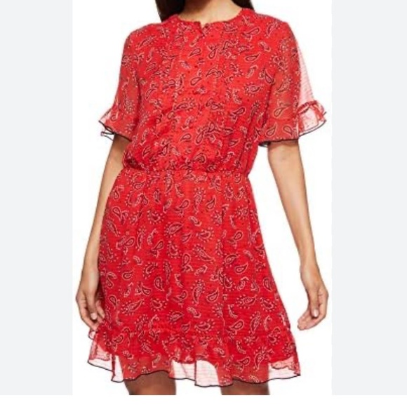 TOMMYJEANS HILFIGER Red Bandana Sheer Lightweight Short Sleeve Dress Size Small - Picture 1 of 13